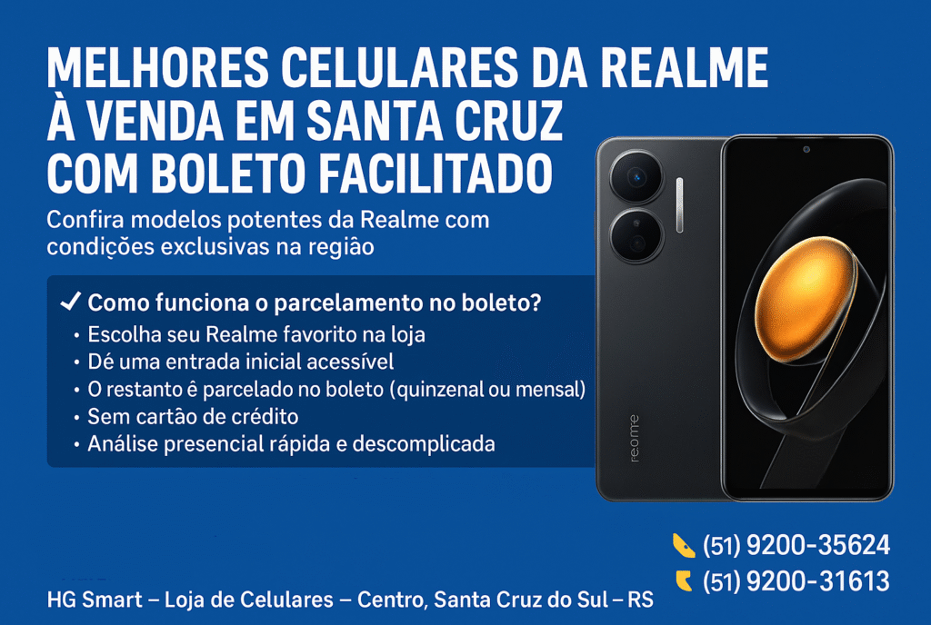 Melhores celulares da Realme à venda em Santa Cruz com boleto facilitadoConfira modelos potentes da Realme com condições exclusivas na região. REALME